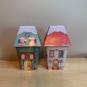 Christmas Village House Holiday Tins Set of 2 Santas Workshop & Winter Cottage